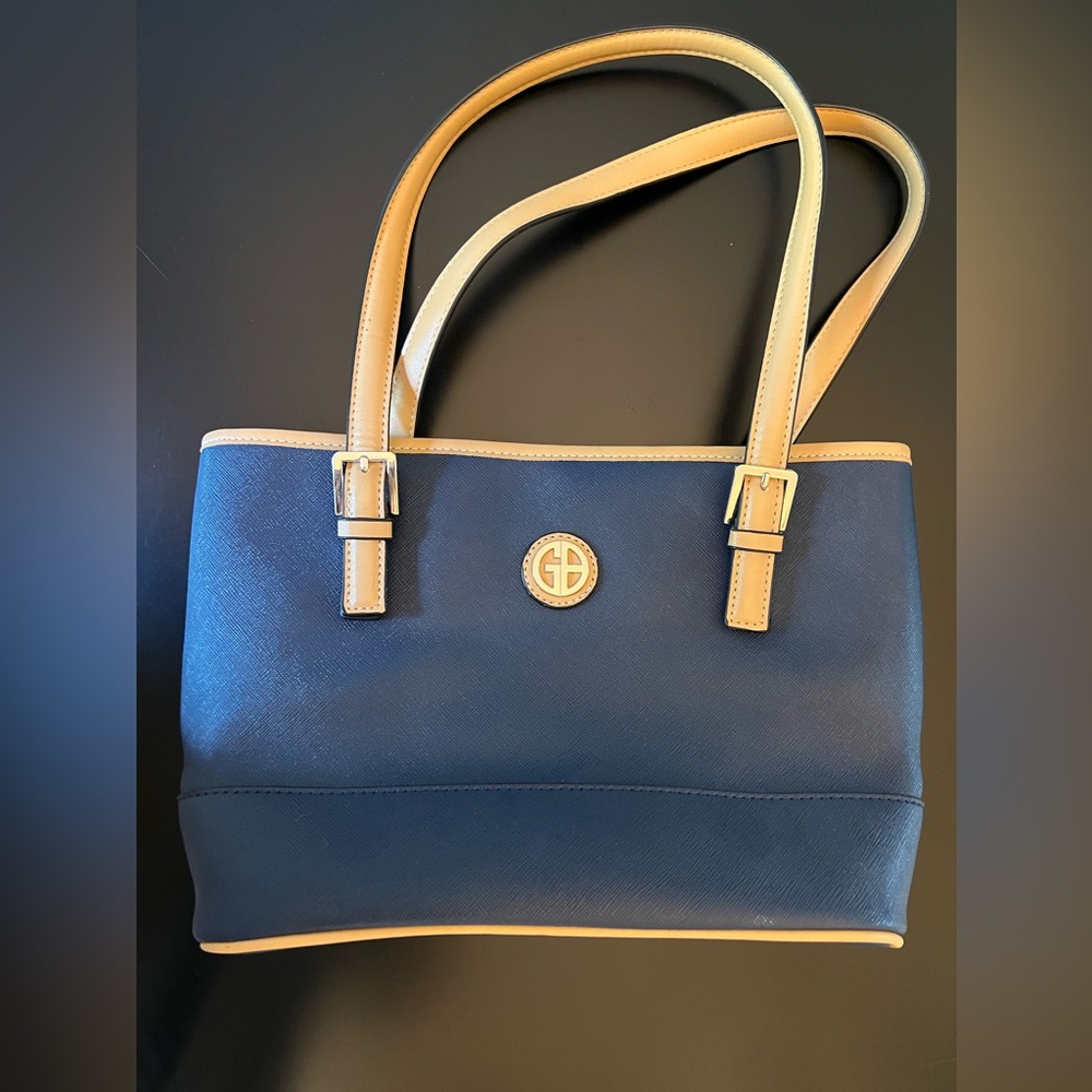 Gianni Bernini Saffiano tote in navy with tan straps